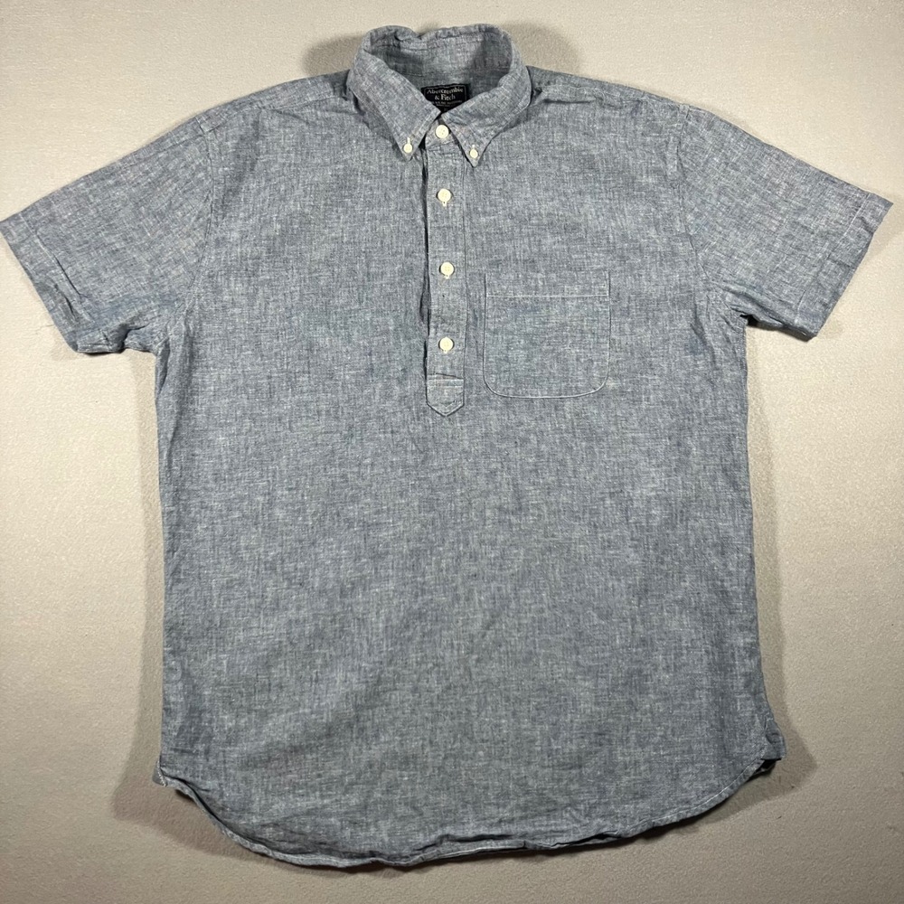 Abercrombie & Fitch Mens XL Blue Linen Blend Short Sleeve Popover Shirt Chambray